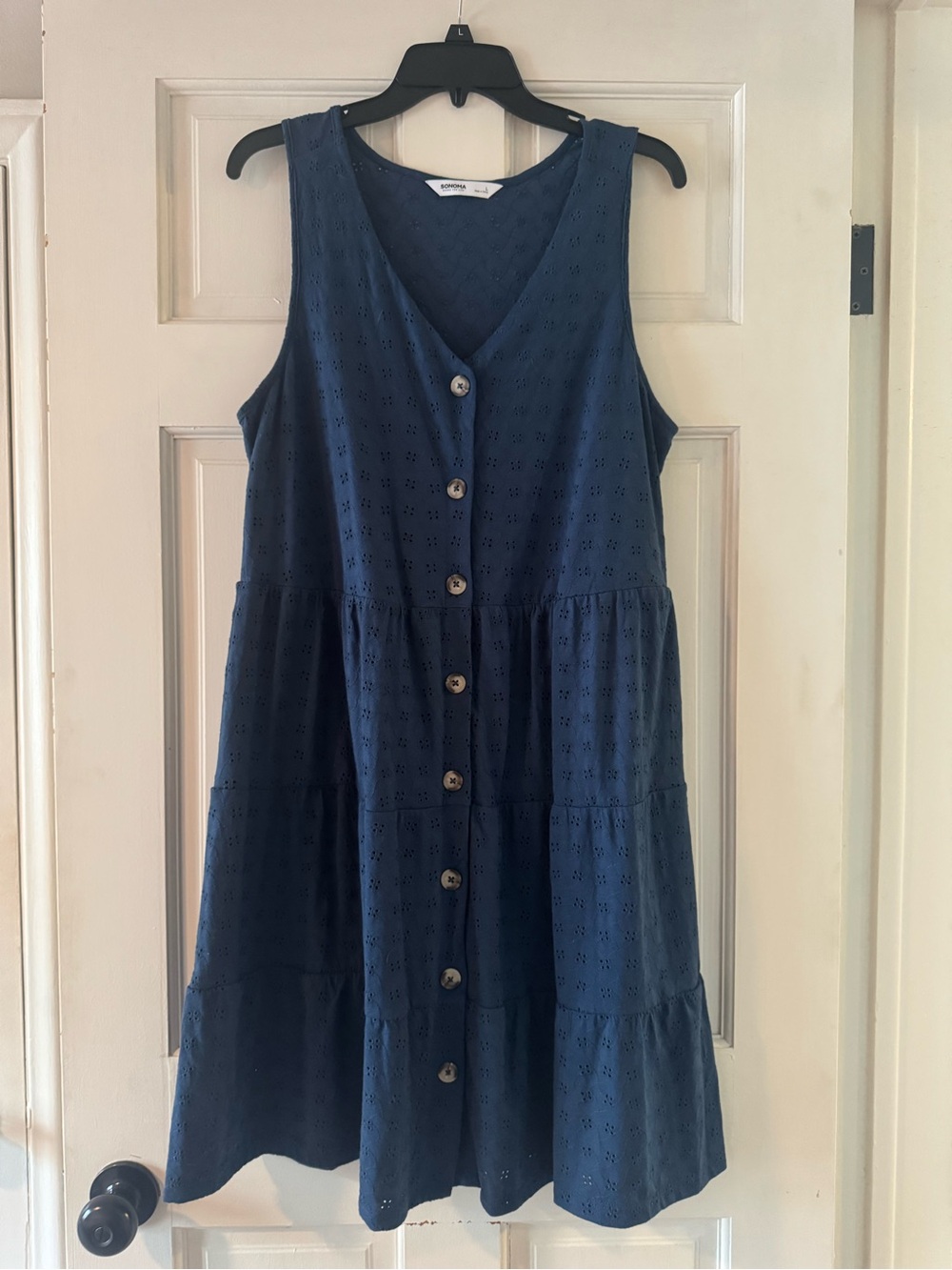 Sonoma Navy Eyelet Tiered Button-Front Midi Dress